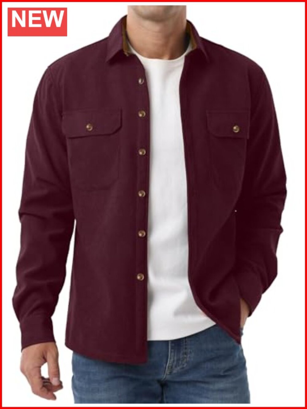 Men's Fleece Corduroy Button Down Shirt Warm Long Sleeve Jacket Flap Pockets